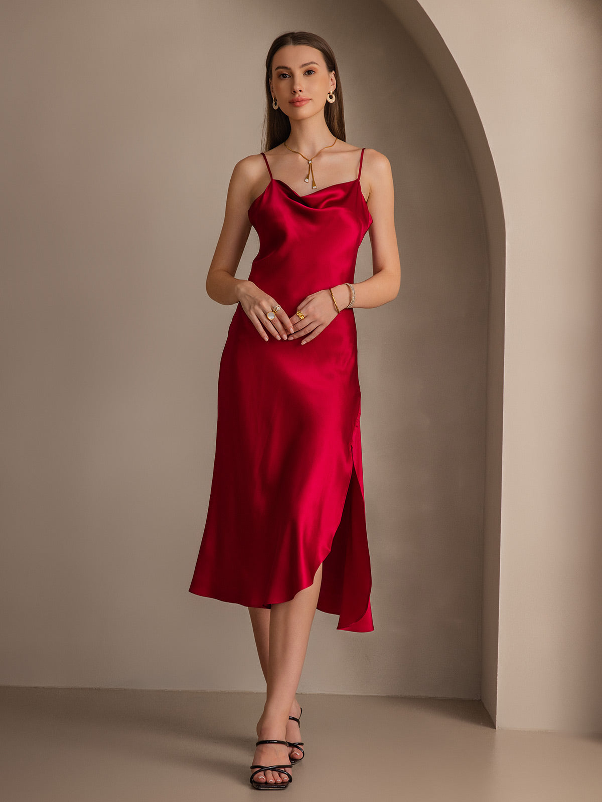 [Rouge Vineux] SilkSilky-FR 19Momme Pure Soie Col Bénitier Robes 005
