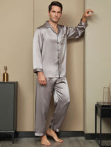 [Gris] SilkSilky-FR Pure Soie Manches longues Revers Homme Pyjamas 005