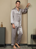 SilkSilky FR Pure Soie Manches longues Revers Homme Pyjamas Gris 005