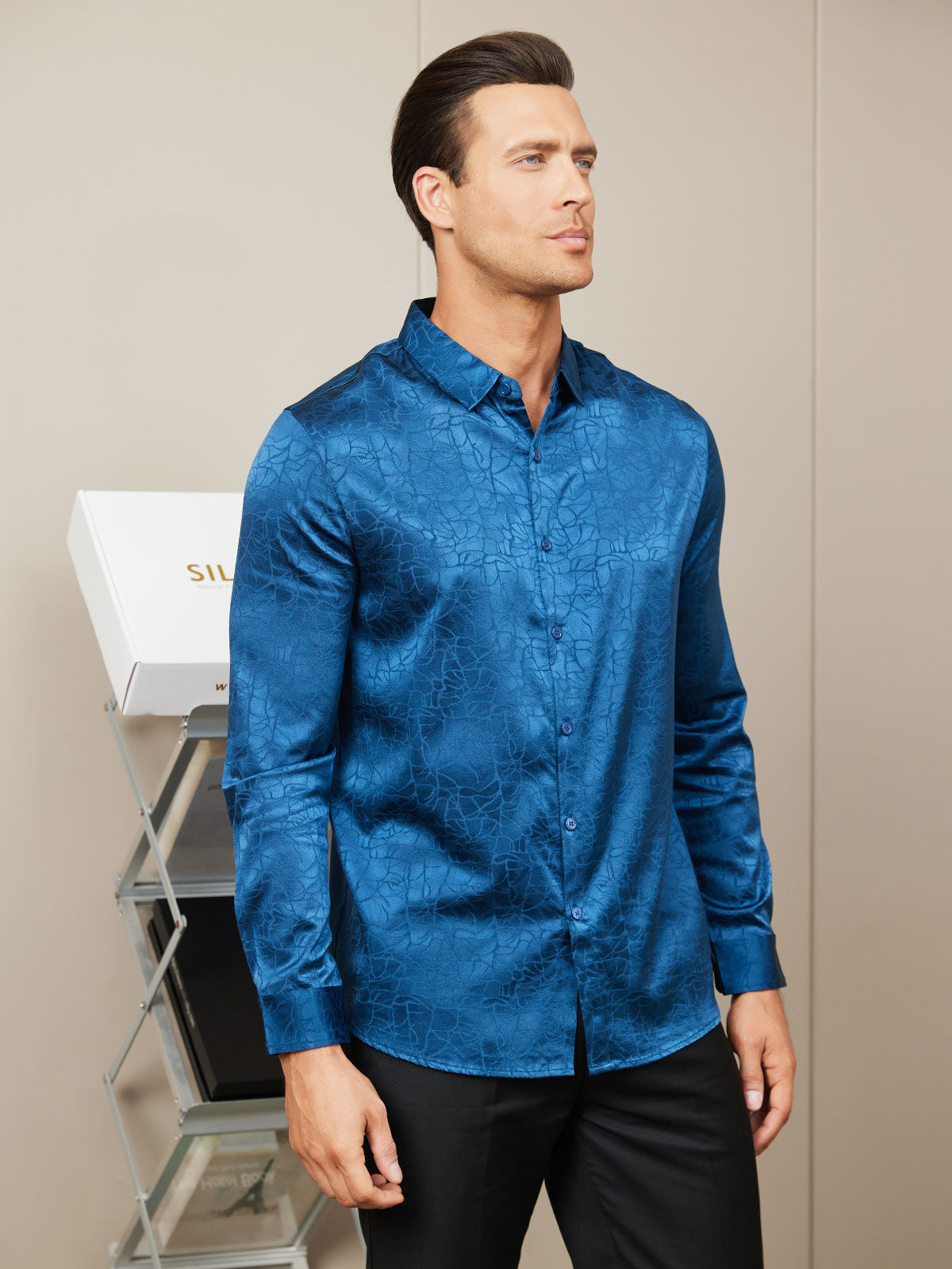 SilkSilky FR Soie Manches longues Col Chemise Homme Chemise BleuFoncé 005