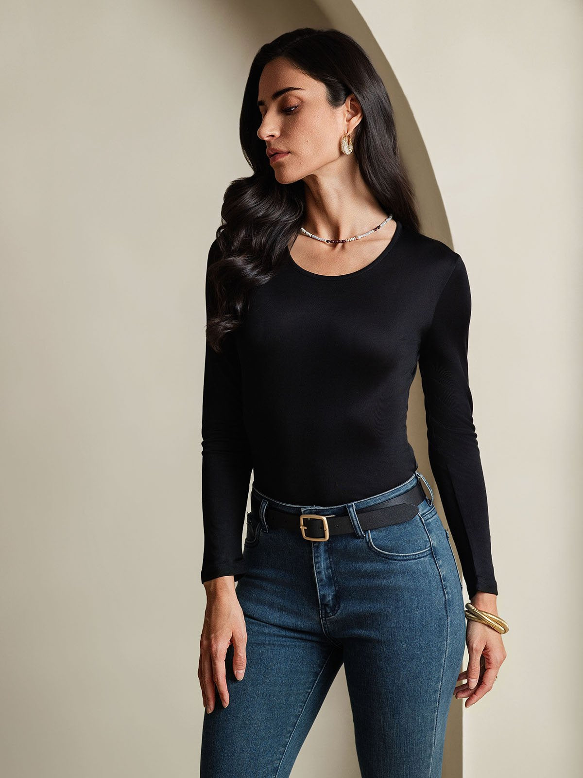 [Noir] SilkSilky-FR Manches longues Col Rond Femme T-Shirt 004