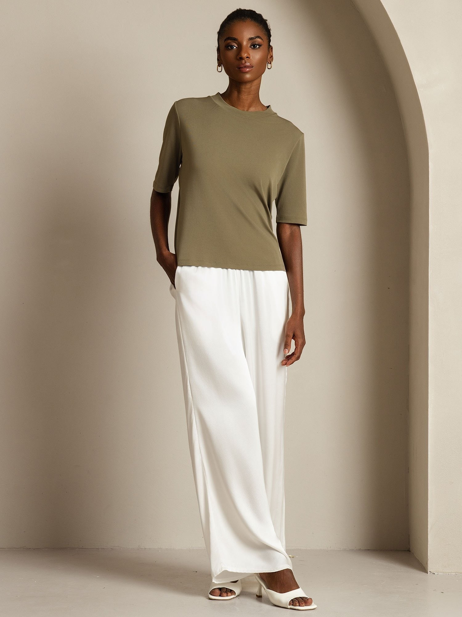 [Olive Brûlée] SilkSilky-FR Soie Col Rond Femme T-Shirt 006