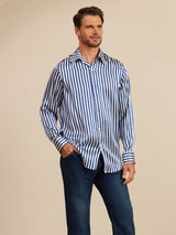 [Rayure Marine] SilkSilky-FR 19Momme Manches longues Col à Revers Homme Chemise 004