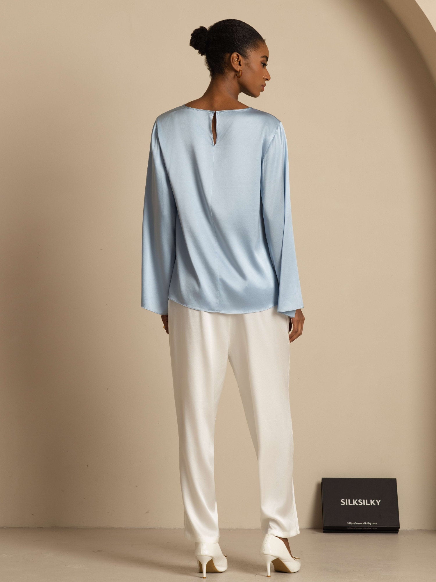 [Bleu Grisâtre] SilkSilky-FR 19Momme Manches longues Col Bateau Blouse 002