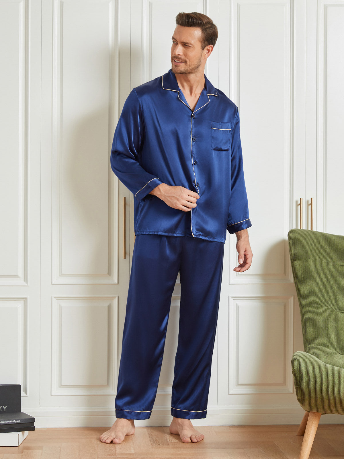 SilkSilky FR 19Momme Pure Soie Manches longues Revers Homme Pyjamas BleuFoncé 003