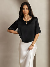[Noir] SilkSilky-FR Manches mi-longues Encolure Dégagée Femme T-Shirt 003