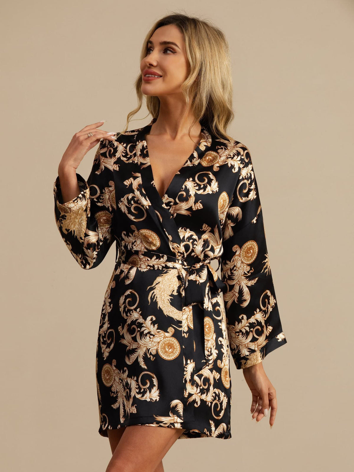 [Dragon Noir] SilkSilky-FR 3/4 Sleeve Femme Peignoir 001