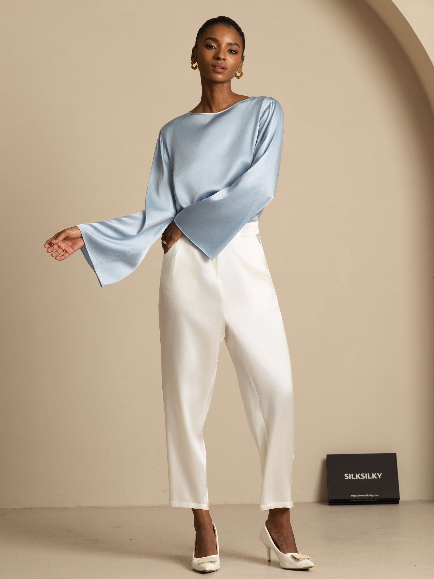 [Bleu Grisâtre] SilkSilky-FR 19Momme Manches longues Col Bateau Blouse 009