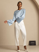 [Bleu Grisâtre] SilkSilky-FR Long Sleeve Boat Neck Blouse 009