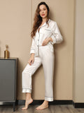 SilkSilky FR Pure Soie Manches longues Revers Femme Pyjamas Blanc 007