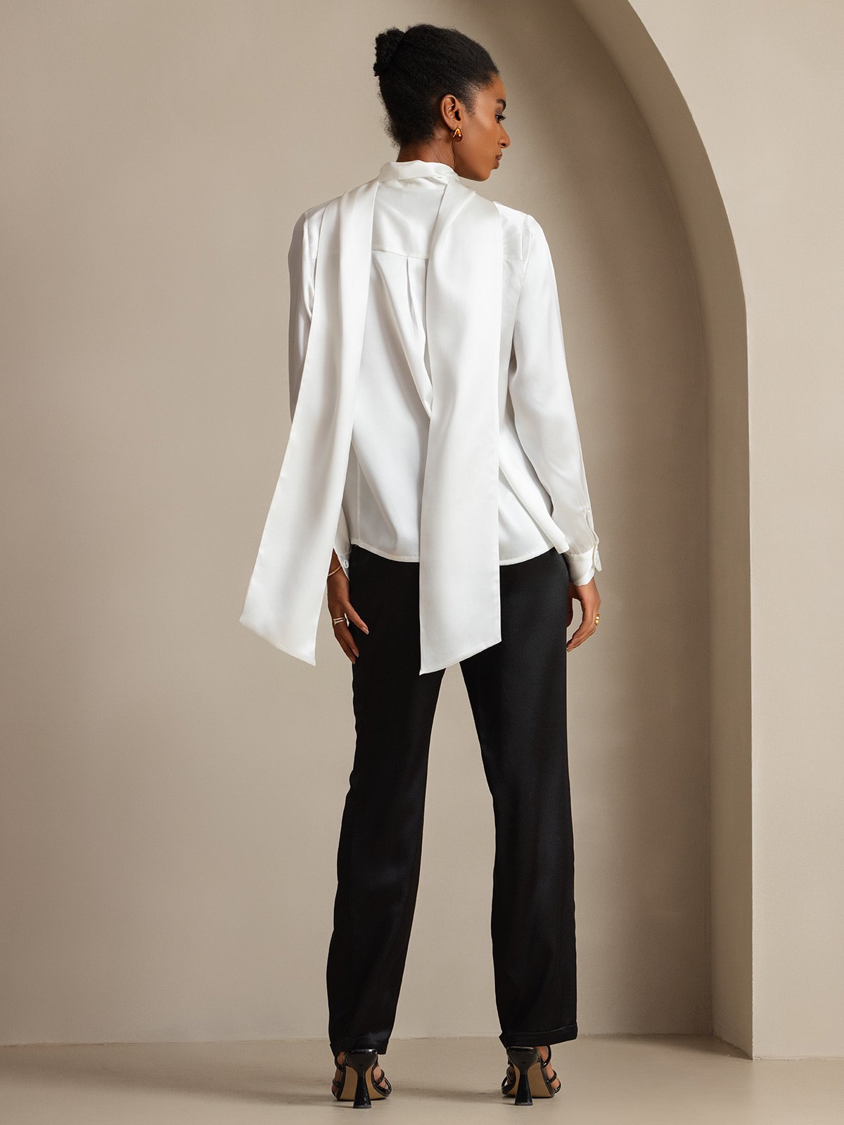 [Blanc] SilkSilky-FR 19Momme Soie Manches longues Blouse 002