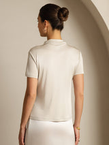 [Gris] SilkSilky-FR 100% Silk Jersey Short Sleeve Mock Neck Femme T-Shirt 002