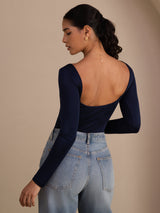 [Bleu Foncé] SilkSilky-FR Long Sleeve Col en U Femme T-Shirt 002