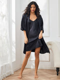 SilkSilky FR Pure Soie Trois quart Nightgown&Robe Set Noir 003