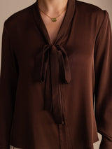 [Chocolat Noir] SilkSilky-FR Long Sleeve Tie Neck Blouse 004