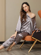 [Gris] SilkSilky-FR Manches longues Col Cranté Femme Pyjamas 009