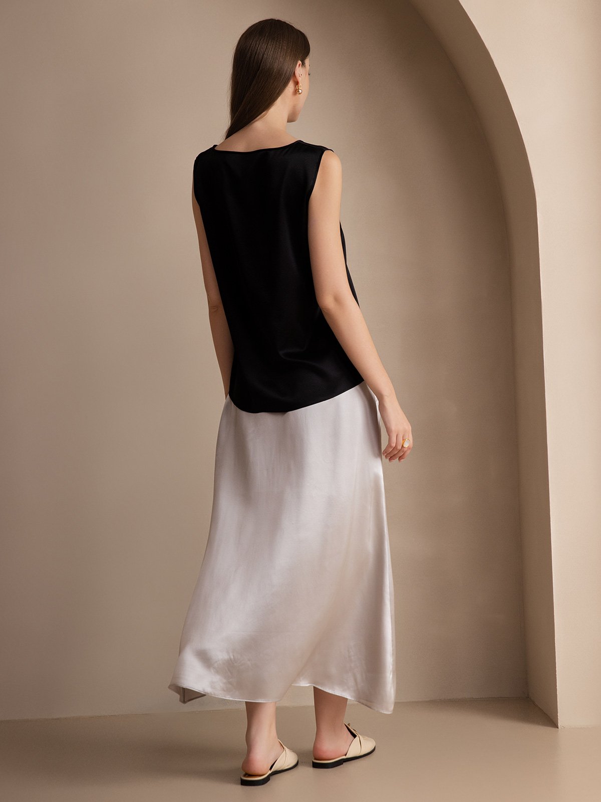 [Noir] SilkSilky-FR 19Momme Soie Col Rond Top À Fines Brides 004