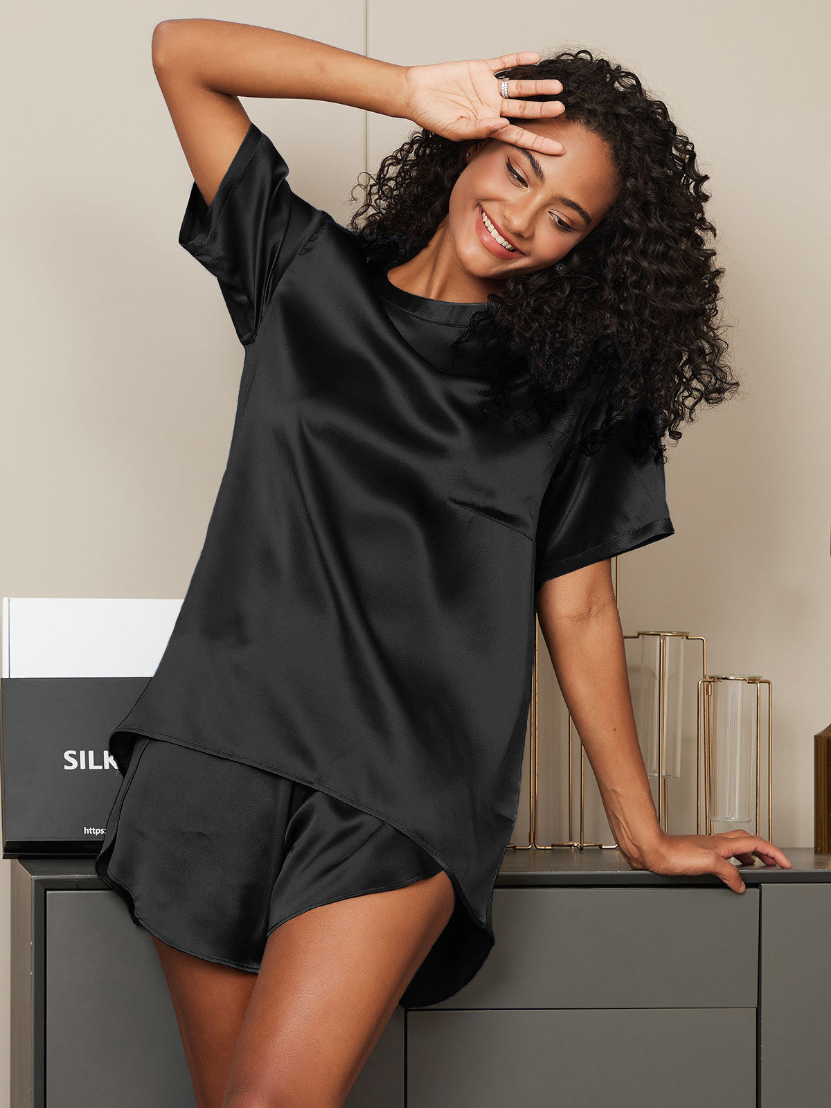 [Noir] SilkSilky-FR Pure Soie Col Rond Femme Pyjamas 004