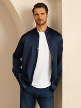 [Bleu Foncé] SilkSilky-FR Long Sleeve Stand Collar Homme Chemise 003