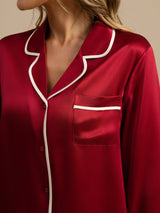 [Rouge Vineux] SilkSilky-FR Manches longues Col Cranté Femme Pyjamas 004