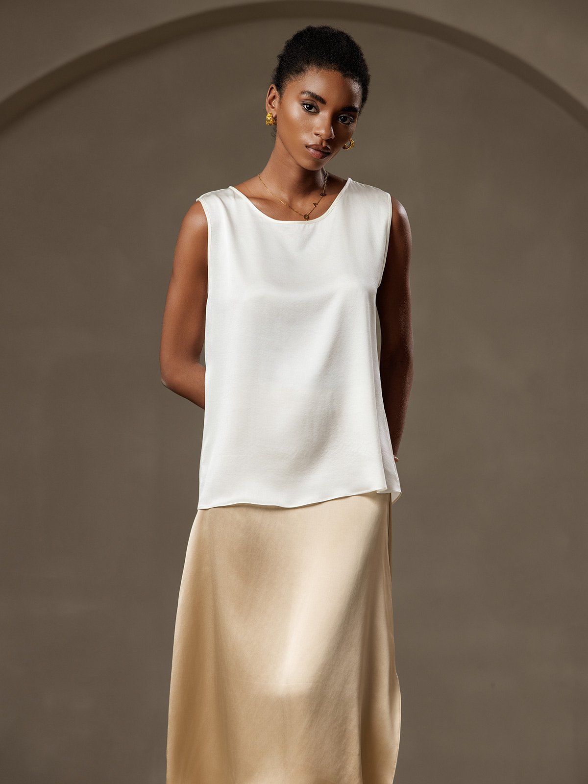 [Blanc] SilkSilky-FR 19Momme Soie Col Rond Top À Fines Brides 001