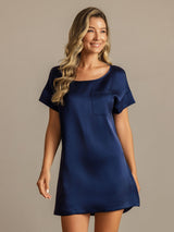 [Bleu Foncé] SilkSilky-FR 19Momme Manches courtes Col Rond Chemises de nuit 003