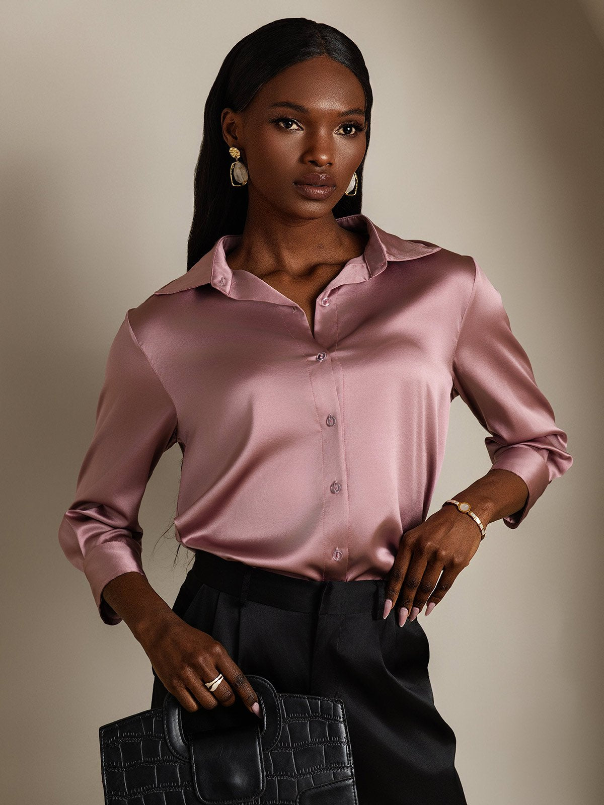 SilkSilky-FR 19Momme Soie Manches longues Revers Femme Chemise MauvePâle 003