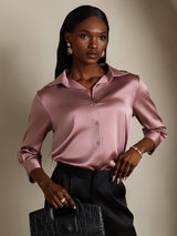 [Mauve Pâle] SilkSilky-FR 19Momme Trois-quart Col à Revers Femme Chemise 003
