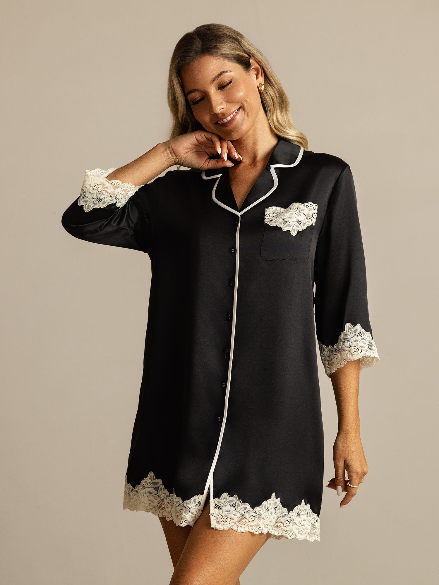 [Noir] SilkSilky-FR Soie Col Chemise Chemise pour dormir 001