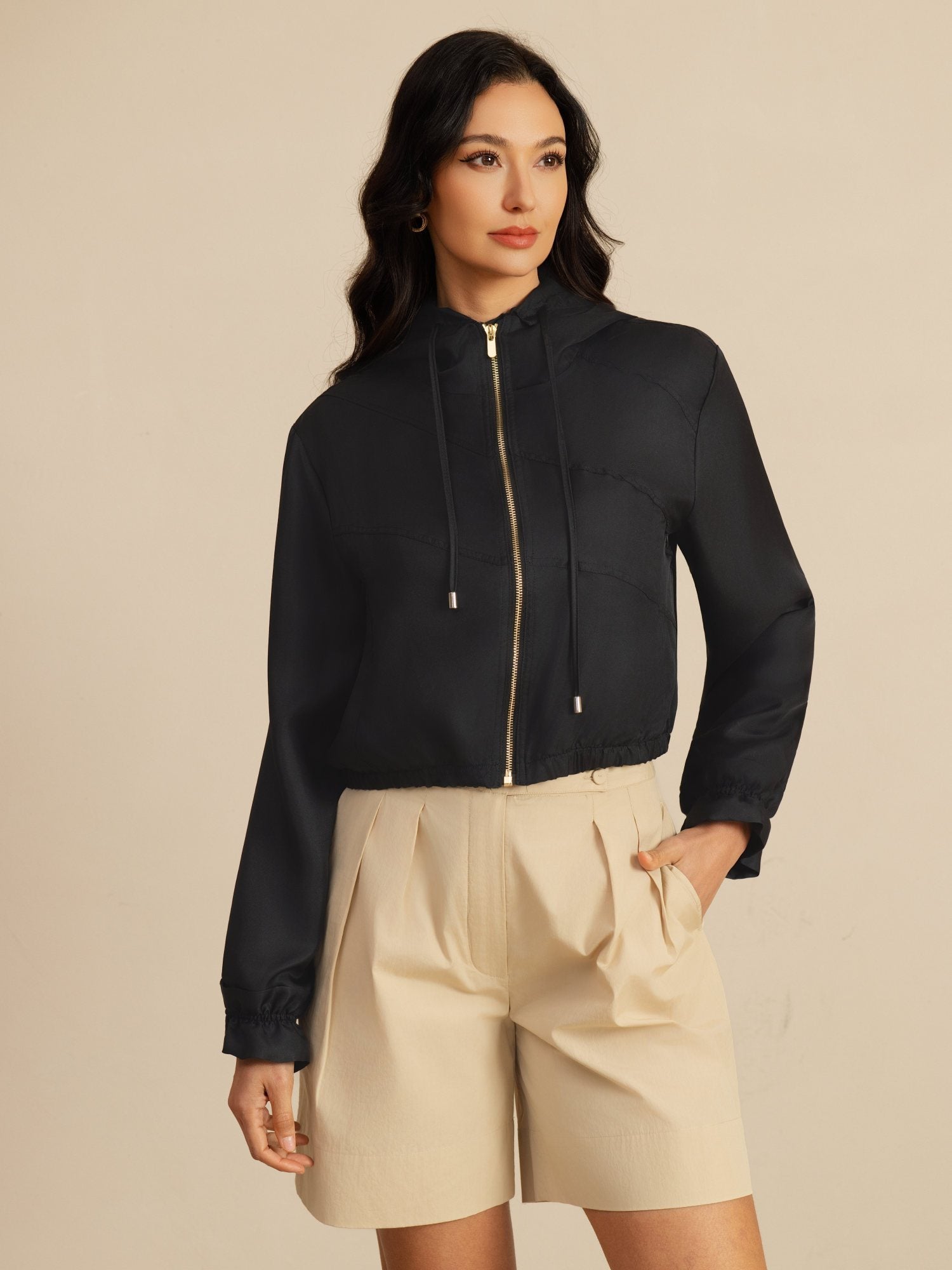 [Noir] SilkSilky-FR 18Momme Manches longues Col Haut Femme Manteaux 005