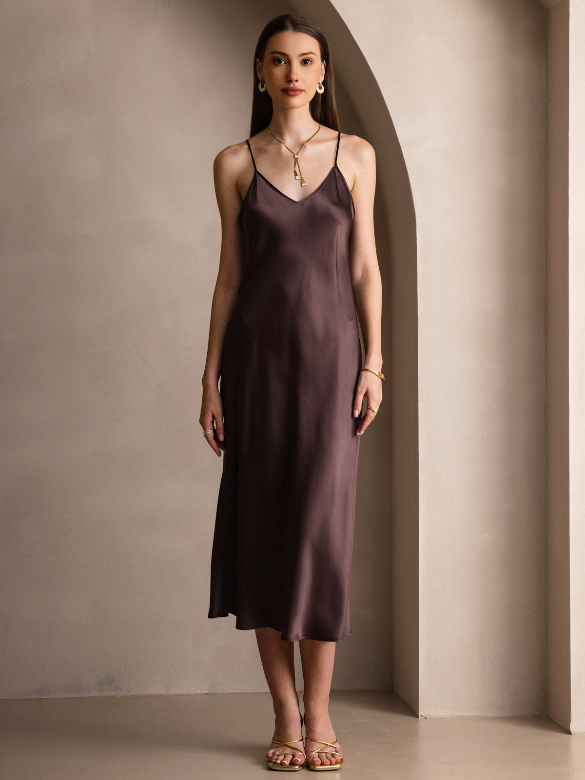 [Café] SilkSilky-FR Pure Soie Col Rond Robes 003