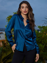 [Bleu Royal] SilkSilky-FR Long Sleeve Lapel Collar Femme Chemise 006