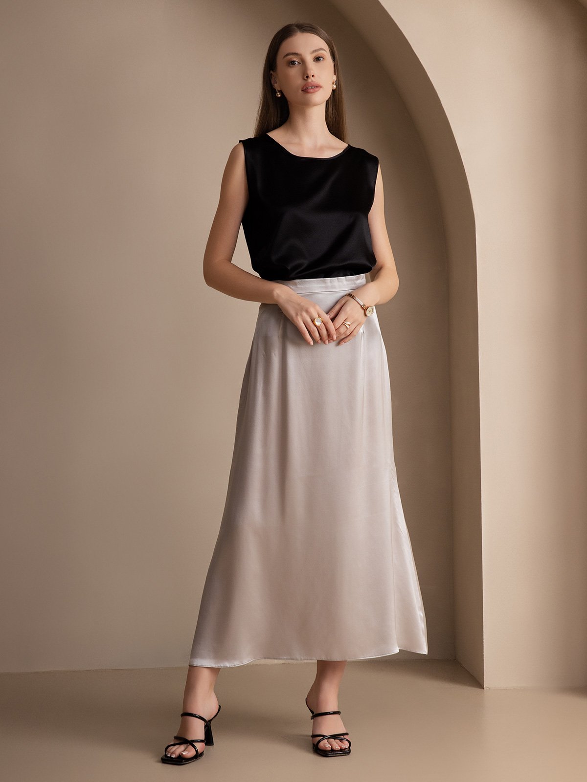 [Noir] SilkSilky-FR 19Momme Soie Col Rond Top À Fines Brides 003
