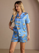 [Poisson Bleu] SilkSilky-FR Short Sleeve Lapel Collar Femme Pyjamas 004