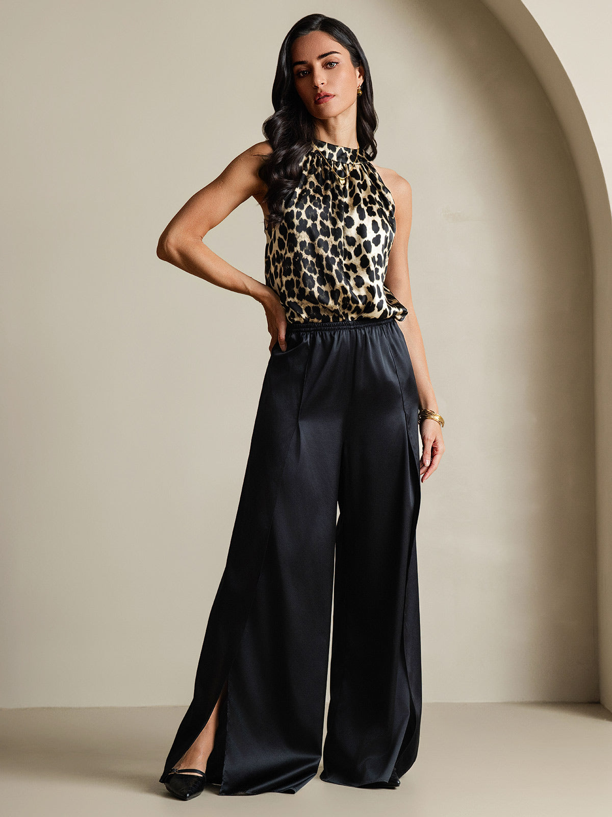 [Leopard] SilkSilky-FR 19Momme Soie Womens T-Shirt 007