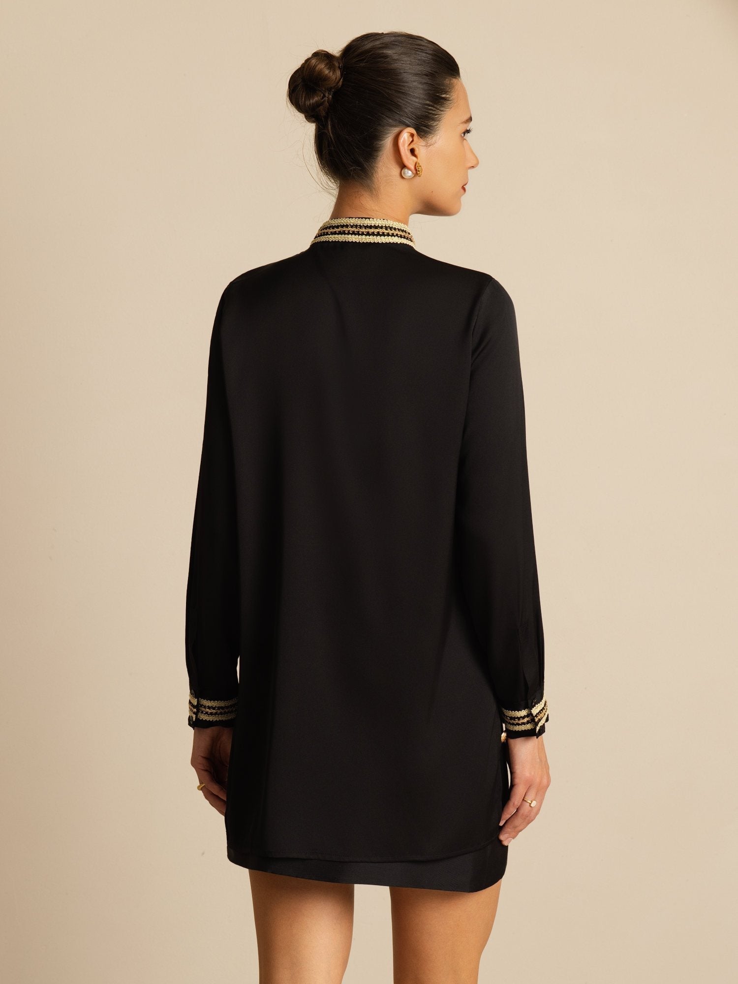 [Noir] SilkSilky-FR 19Momme Soie Manches longues Col Montant Blouse 002