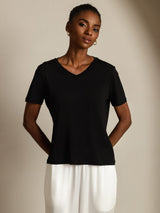 [Noir] SilkSilky-FR Short Sleeve V Neck Femme T-Shirt 001