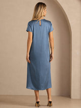 [Bleu Canard Véritable] SilkSilky-FR Short Sleeve Crew Neck Robes 002