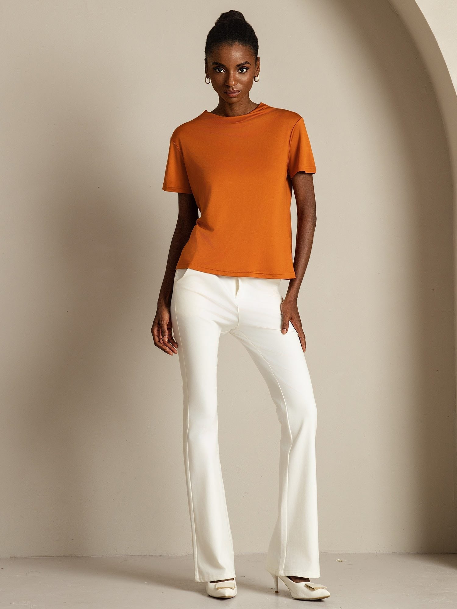 [Orange] SilkSilky-FR Soie Col Chemise Femme T-Shirt 007