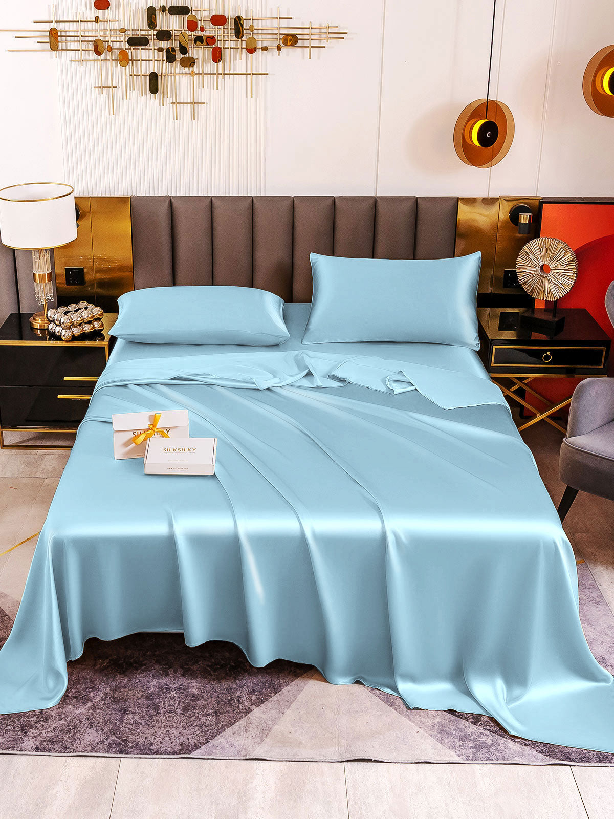 SilkSilky FR 19Momme Pure Soie Bedding Set BleuClair 002