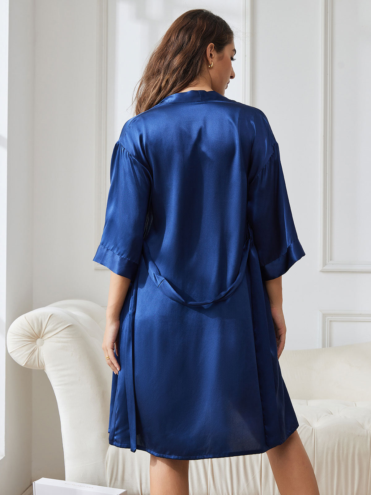 [Bleu Foncé] SilkSilky-FR Pure Soie Nightgown&Robe Set 002