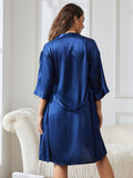 SilkSilky FR Pure Soie Trois quart Nightgown&Robe Set BleuFoncé 002