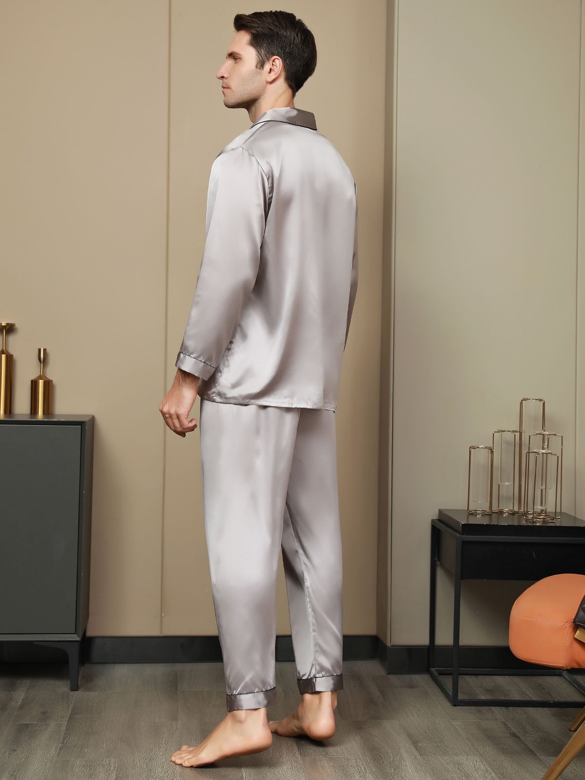 SilkSilky FR Pure Soie Manches longues Revers Homme Pyjamas Gris 003