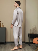 [Gris] SilkSilky-FR Pure Soie Manches longues Revers Homme Pyjamas 003