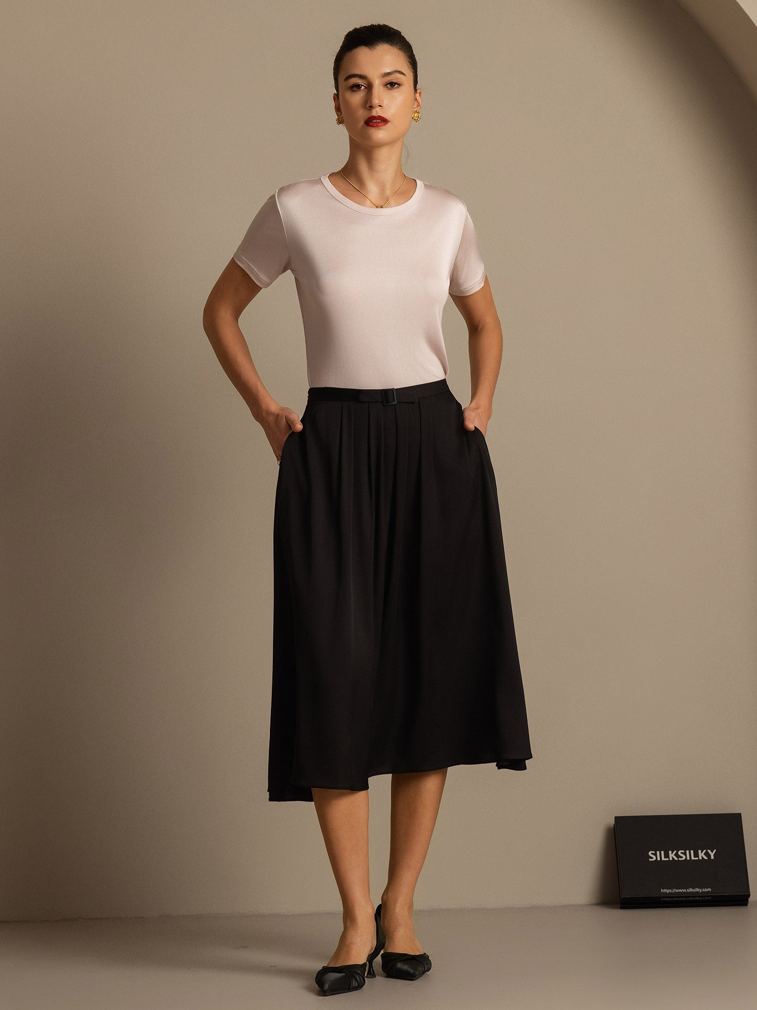 [Rose Clair] SilkSilky-FR Soie Tricotée Col Rond Femme T-Shirt 007