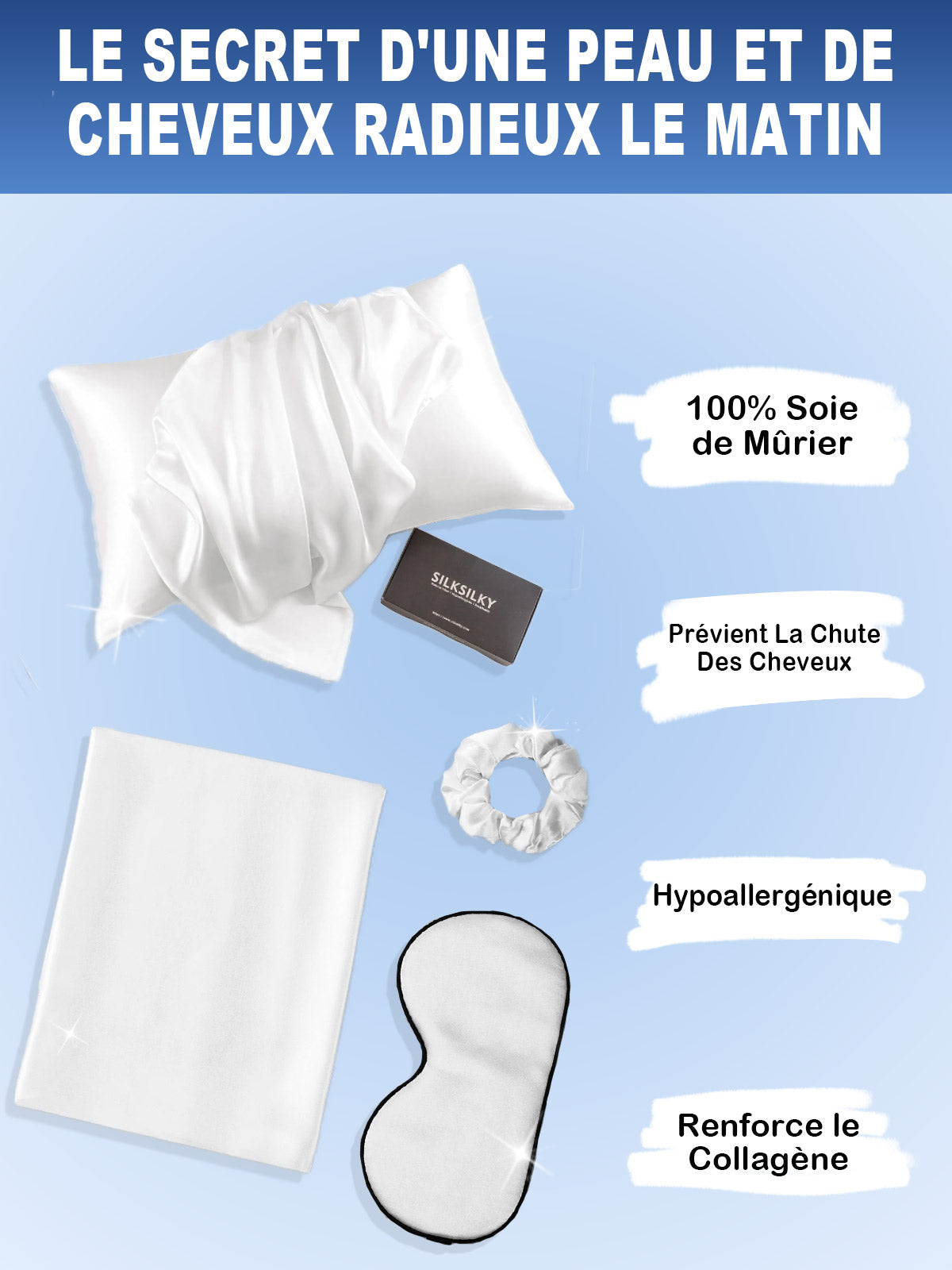 SilkSilky FR 19Momme Pure Soie Pillowcase Set Blanc 002