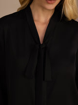 [Noir] SilkSilky-FR Long Sleeve Tie Neck Blouse 004
