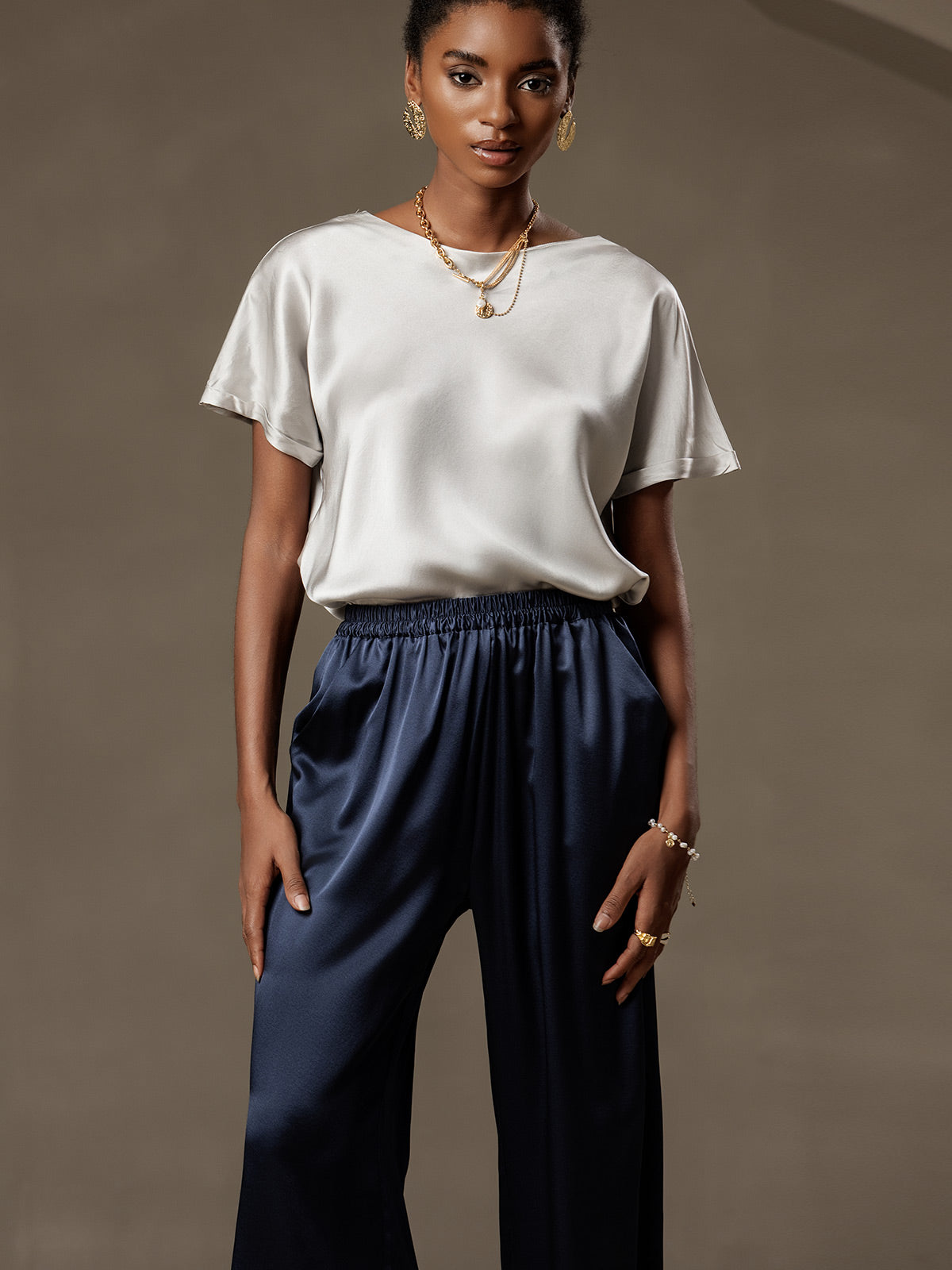[Bleu Foncé] SilkSilky-FR 19Momme Soie Womens Pants 003