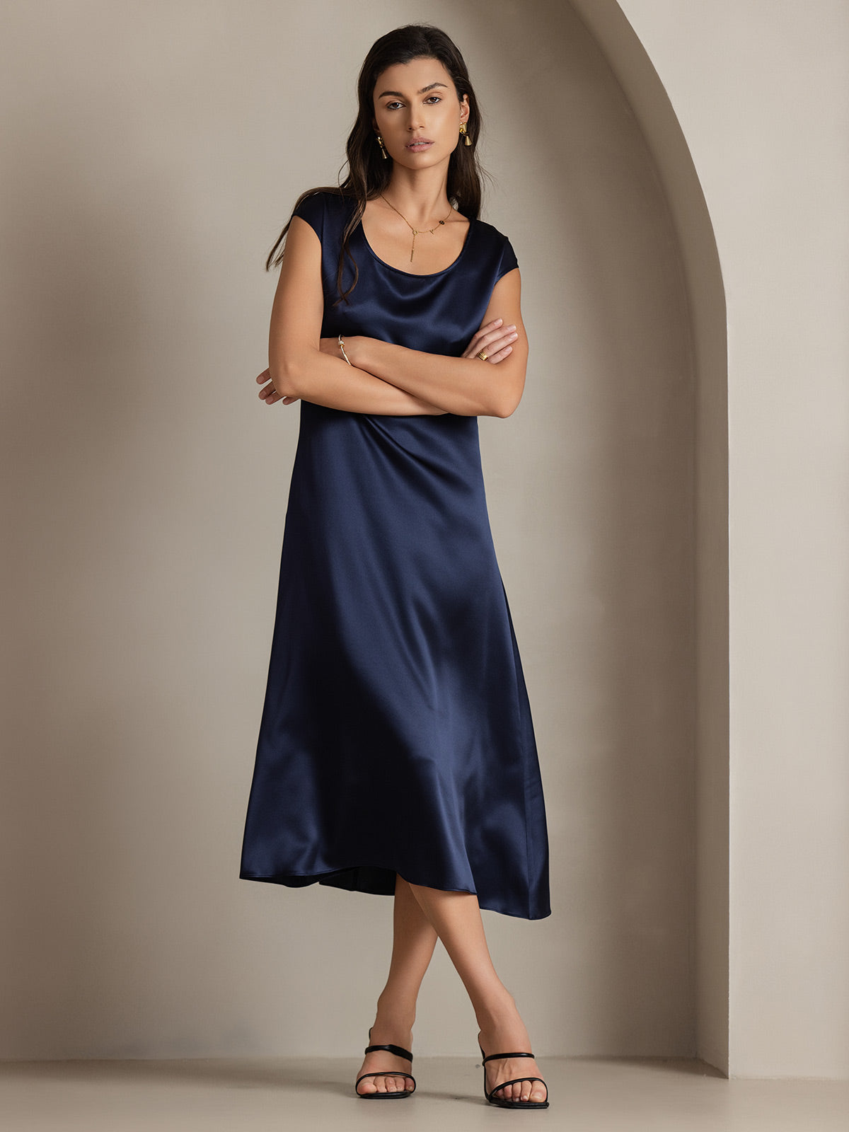 [Bleu Foncé] SilkSilky-FR 19Momme Soie Col Rond Robes 002
