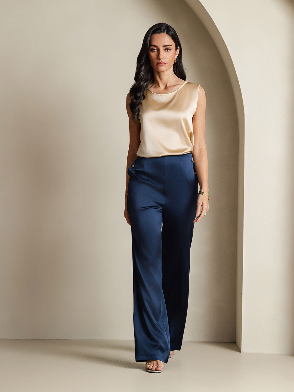 [Champagne] SilkSilky-FR 19Momme Sans manches Col Rond Top À Fines Brides 006